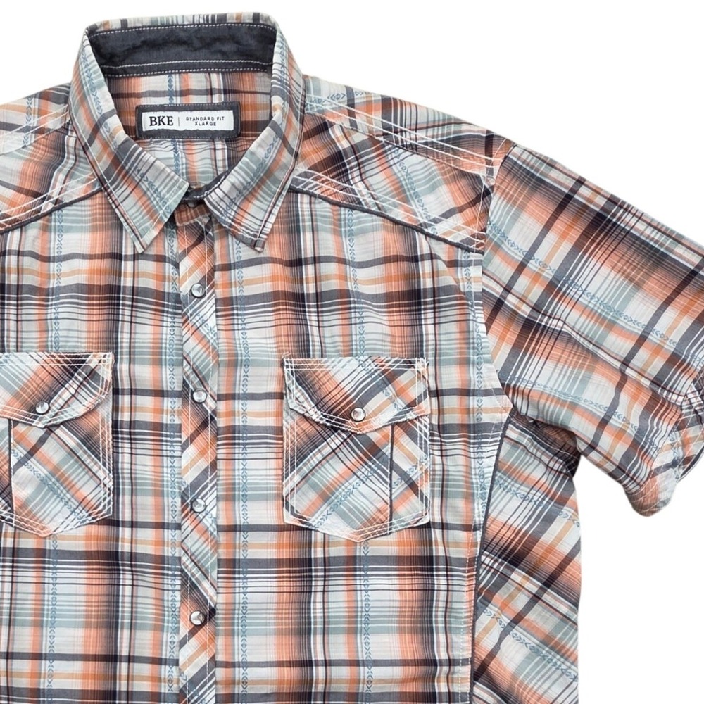 BKE Plaid Western Pearl‎ Snap Short Sleeve Shirt B2786 Orange Gray Mens XL